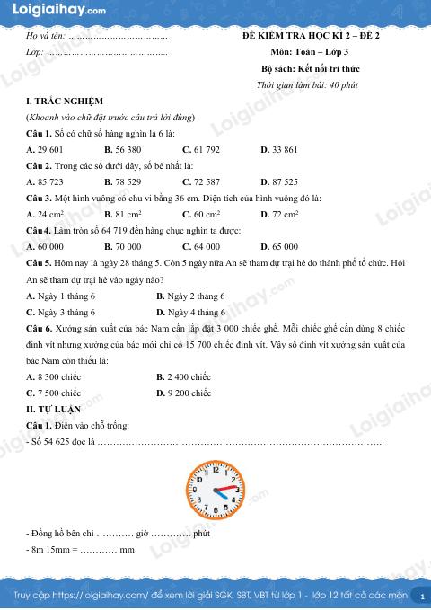 Đề kiểm tra học kì 2 Toán 3 Kết nối tri thức - Đề số 2